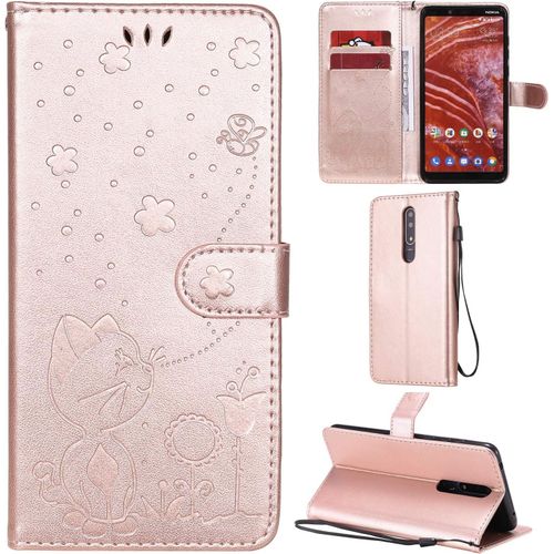 Coque Pour Nokia 3.1 Plus, Motif Chat Pu Cuir Flip Housse Étui Cover Case Wallet Portefeuille Support Stand Béquille Dragonne Fermeture Magnétique-Or Rose