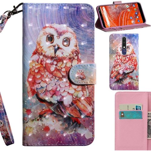 3d Coque Pour Nokia 3.1 Plus, Pu Cuir Flip Housse Étui Rabat Cover Case Wallet Portefeuille Support Avec Porte-Cartes Pochettes Dragonne Fermoir Magnétique - Hibou
