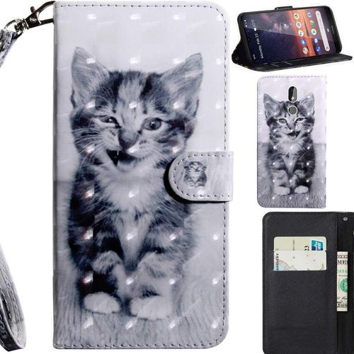 3d Coque Pour Nokia 3.2, Pu Cuir Flip Housse Étui Rabat Cover Case Wallet Portefeuille Support Avec Porte-Cartes Pochettes Dragonne Fermoir Magnétique - Chat