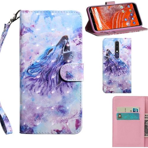 3d Coque Pour Nokia 3.1 Plus, Pu Cuir Flip Housse Étui Rabat Cover Case Wallet Portefeuille Support Avec Porte-Cartes Pochettes Dragonne Fermoir Magnétique - Loup