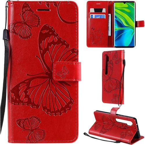 Xiaomi Mi Note 10/Note 10 Pro Coque Modèle 3d Papillon Pu Cuir Flip Housse Étui Cover Case Wallet Portefeuille Support Béquille Dragonne Fermeture Magnétique Pour Xiaomi Mi Note 10 Pro-Rouge