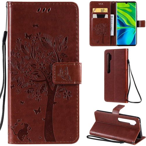 Xiaomi Mi Note 10/Note 10 Pro Coque Motif Arbre Chat Pu Cuir Flip Housse Étui Cover Case Wallet Portefeuille Support Avec Porte-Cartes Pour Xiaomi Mi Note 10 Pro-Marron