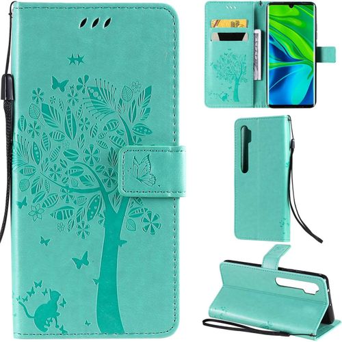 Xiaomi Mi Note 10/Note 10 Pro Coque Motif Arbre Chat Pu Cuir Flip Housse Étui Cover Case Wallet Portefeuille Support Avec Porte-Cartes Pour Xiaomi Mi Note 10 Pro-Vert