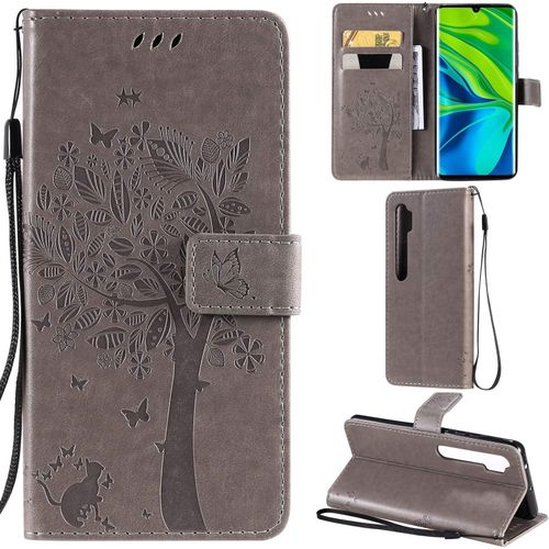 Xiaomi Mi Note 10/Note 10 Pro Coque Motif Arbre Chat Pu Cuir Flip Housse Étui Cover Case Wallet Portefeuille Support Avec Porte-Cartes Pour Xiaomi Mi Note 10 Pro-Gris
