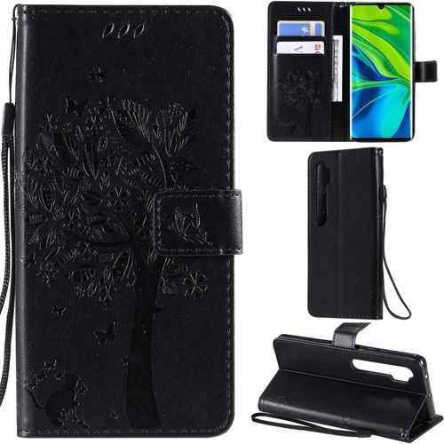 Xiaomi Mi Note 10/Note 10 Pro Coque Motif Arbre Chat Pu Cuir Flip Housse Étui Cover Case Wallet Portefeuille Support Avec Porte-Cartes Pour Xiaomi Mi Note 10 Pro-Noir