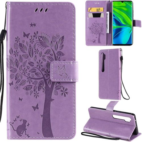 Xiaomi Mi Note 10/Note 10 Pro Coque Motif Arbre Chat Pu Cuir Flip Housse Étui Cover Case Wallet Portefeuille Support Avec Porte-Cartes Pour Xiaomi Mi Note 10 Pro-Lavande