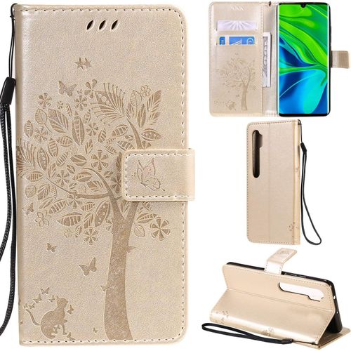 Xiaomi Mi Note 10/Note 10 Pro Coque Motif Arbre Chat Pu Cuir Flip Housse Étui Cover Case Wallet Portefeuille Support Avec Porte-Cartes Pour Xiaomi Mi Note 10 Pro-Or