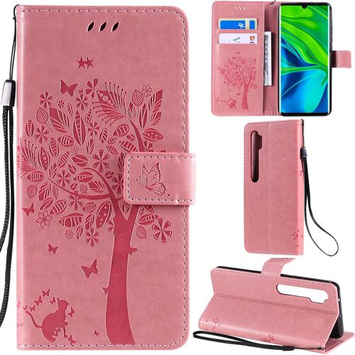 Xiaomi Mi Note 10/Note 10 Pro Coque Motif Arbre Chat Pu Cuir Flip Housse Étui Cover Case Wallet Portefeuille Support Avec Porte-Cartes Pour Xiaomi Mi Note 10 Pro-Rose Clair