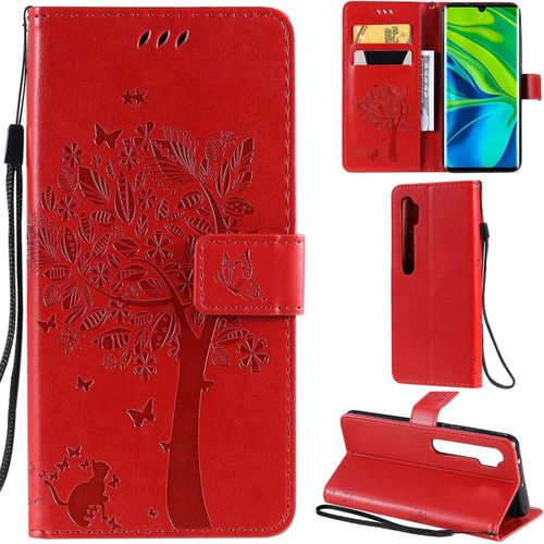 Xiaomi Mi Note 10/Note 10 Pro Coque Motif Arbre Chat Pu Cuir Flip Housse Étui Cover Case Wallet Portefeuille Support Avec Porte-Cartes Pour Xiaomi Mi Note 10 Pro-Rouge