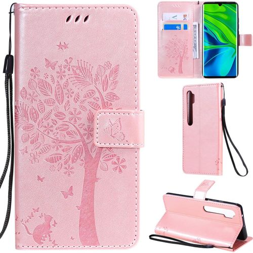Xiaomi Mi Note 10/Note 10 Pro Coque Motif Arbre Chat Pu Cuir Flip Housse Étui Cover Case Wallet Portefeuille Support Avec Porte-Cartes Pour Xiaomi Mi Note 10 Pro-Or Rose