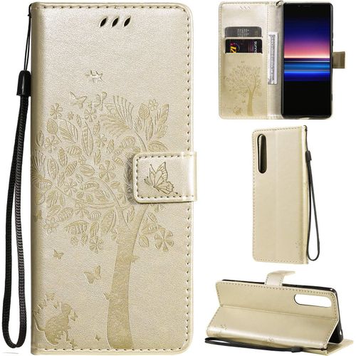 Sony Xperia 1 Ii Coque Motif Arbre Chat Pu Cuir Flip Housse Étui Cover Case Wallet Portefeuille Support Avec Porte-Cartes Pour Sony Xperia 1 Ii - Or
