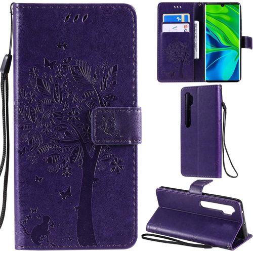 Xiaomi Mi Note 10/Note 10 Pro Coque Motif Arbre Chat Pu Cuir Flip Housse Étui Cover Case Wallet Portefeuille Support Avec Porte-Cartes Pour Xiaomi Mi Note 10 Pro-Violet