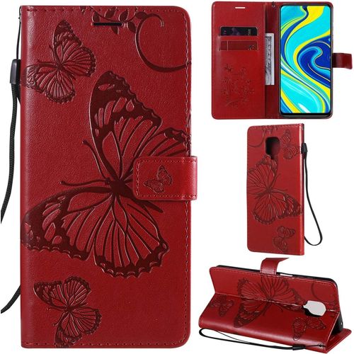 Coque Pour Xiaomi Redmi Note 9s/Note 9 Pro/Note 9 Pro Max, Modèle 3d Papillon Pu Cuir Flip Housse Étui Cover Case Wallet Portefeuille Support Béquille Dragonne Fermeture Magnétique - Rouge