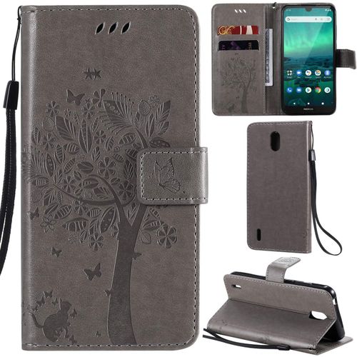 Nokia 1.3 Coque Motif Arbre Chat Pu Cuir Flip Housse Étui Cover Case Wallet Portefeuille Support Avec Porte-Cartes Pour Nokia 1.3 - Gris