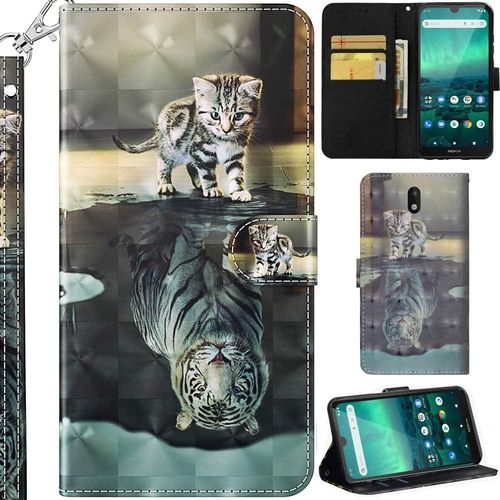 Nokia 1.3 Coque 3d Pu Cuir Flip Housse Étui Rabat Cover Case Portefeuille Support Avec Porte-Cartes Pochettes Dragonne Fermoir Magnétique Pour Nokia 1.3 - Chat Tigre