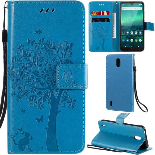 Nokia 1.3 Coque Motif Arbre Chat Pu Cuir Flip Housse Étui Cover Case Wallet Portefeuille Support Avec Porte-Cartes Pour Nokia 1.3 - Bleu