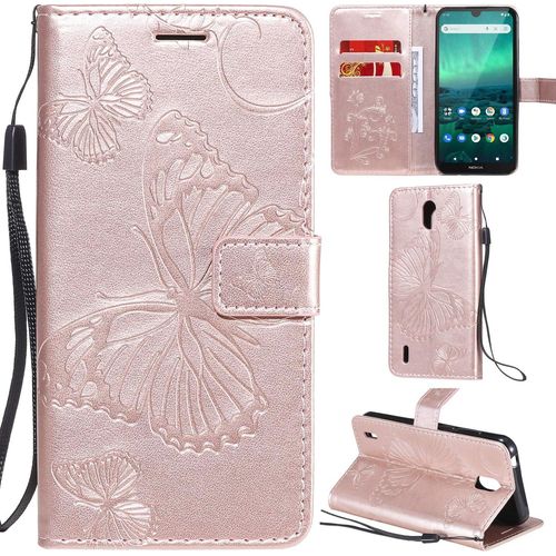 Nokia 1.3 Coque Modèle 3d Papillon Pu Cuir Flip Housse Étui Cover Case Wallet Portefeuille Support Béquille Dragonne Fermeture Magnétique Pour Nokia 1.3-Or Rose