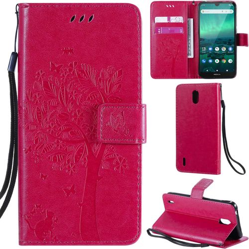 Nokia 1.3 Coque Motif Arbre Chat Pu Cuir Flip Housse Étui Cover Case Wallet Portefeuille Support Avec Porte-Cartes Pour Nokia 1.3 - Rose