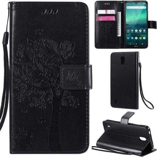 Nokia 1.3 Coque Motif Arbre Chat Pu Cuir Flip Housse Étui Cover Case Wallet Portefeuille Support Avec Porte-Cartes Pour Nokia 1.3 - Noir