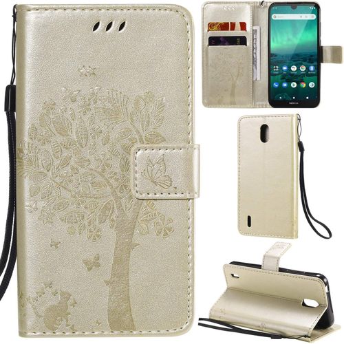 Nokia 1.3 Coque Motif Arbre Chat Pu Cuir Flip Housse Étui Cover Case Wallet Portefeuille Support Avec Porte-Cartes Pour Nokia 1.3 - Or