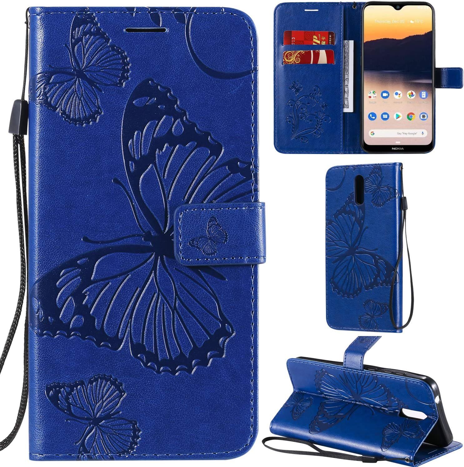 Nokia 2.3 Coque Modèle 3d Papillon Pu Cuir Flip Housse Étui Cover Case Wallet Portefeuille Support Béquille Dragonne Fermeture Magnétique Pour Nokia 2.3 - Bleu