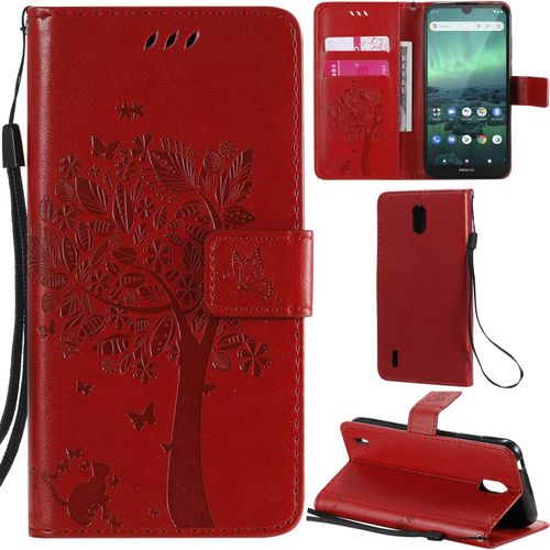 Nokia 1.3 Coque Motif Arbre Chat Pu Cuir Flip Housse Étui Cover Case Wallet Portefeuille Support Avec Porte-Cartes Pour Nokia 1.3 - Rouge