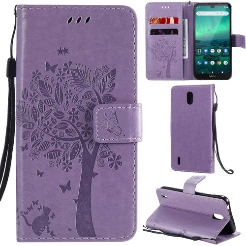 Nokia 1.3 Coque Motif Arbre Chat Pu Cuir Flip Housse Étui Cover Case Wallet Portefeuille Support Avec Porte-Cartes Pour Nokia 1.3-Lavande