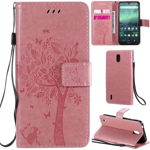 Nokia 1.3 Coque Motif Arbre Chat Pu Cuir Flip Housse Étui Cover Case Wallet Portefeuille Support Avec Porte-Cartes Pour Nokia 1.3 - Rose Clair