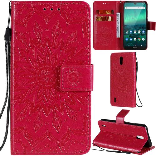Nokia 1.3 Coque Motif Tournesol Pu Cuir Flip Housse Étui Cover Case Wallet Pochette Support Avec Porte-Cartes Pour Nokia 1.3-Rouge