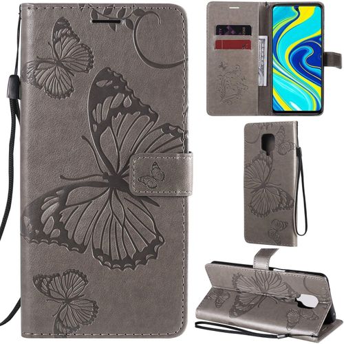 Coque Pour Xiaomi Redmi Note 9s/Note 9 Pro/Note 9 Pro Max, Modèle 3d Papillon Pu Cuir Flip Housse Étui Cover Case Wallet Portefeuille Support Béquille Dragonne Fermeture Magnétique - Gris