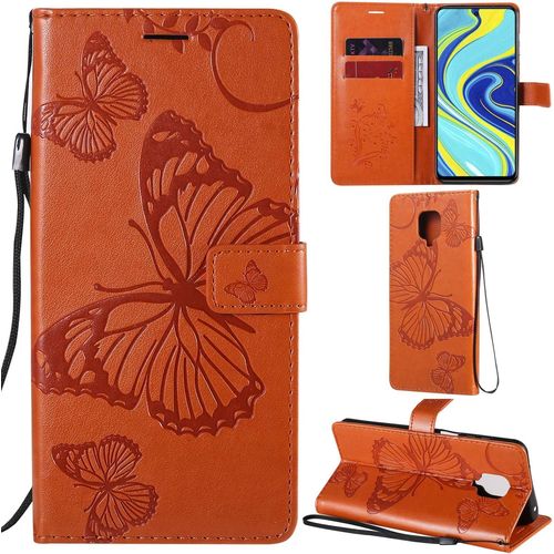 Coque Pour Xiaomi Redmi Note 9s/Note 9 Pro/Note 9 Pro Max, Modèle 3d Papillon Pu Cuir Flip Housse Étui Cover Case Wallet Portefeuille Support Béquille Dragonne Fermeture Magnétique - Orange