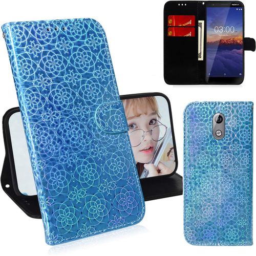 Brillant Coque Pour Nokia 3.1, Magnétique Flip Pu Cuir Briller Housse Étui Cover Case Wallet Portefeuille Support Avec Porte-Cartes Dragonne-Bleu