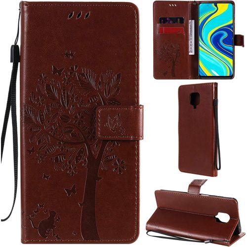 Coque Pour Xiaomi Redmi Note 9s/Note 9 Pro/Note 9 Pro Max, Motif Arbre Chat Pu Cuir Flip Housse Étui Cover Case Wallet Portefeuille Support Avec Porte-Cartes - Marron
