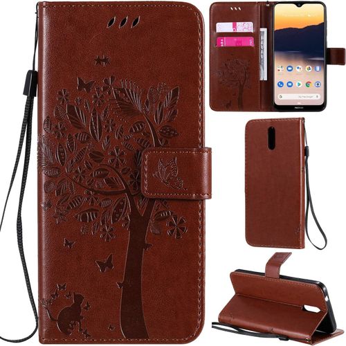 Nokia 2.3 Coque Motif Arbre Chat Pu Cuir Flip Housse Étui Cover Case Wallet Portefeuille Support Avec Porte-Cartes Pour Nokia 2.3 - Marron