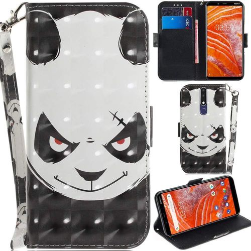 Nokia 3.1 Plus Coque 3d Pu Cuir Magnétique Flip Housse Étui Cover Case Wallet Portefeuille Béquille Support Pochettes Dragonne Pour Nokia 3.1 Plus-Panda En Colère