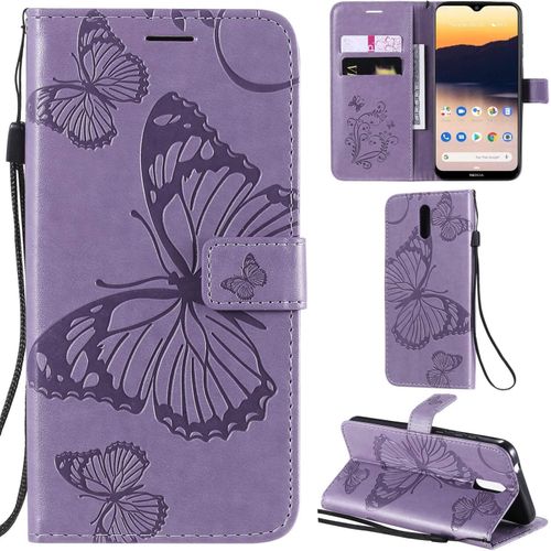 Nokia 2.3 Coque Modèle 3d Papillon Pu Cuir Flip Housse Étui Cover Case Wallet Portefeuille Support Béquille Dragonne Fermeture Magnétique Pour Nokia 2.3-Violet