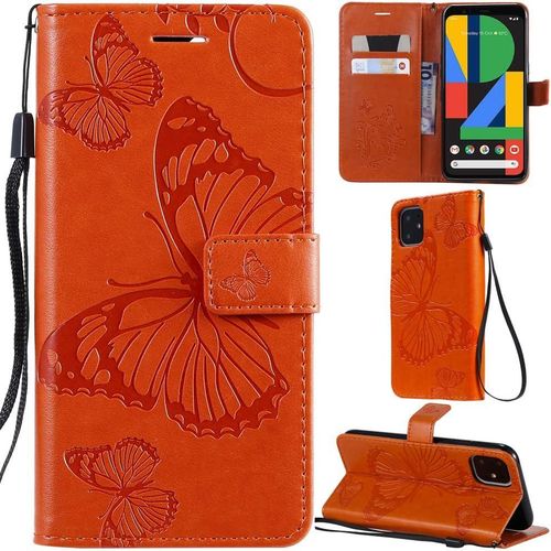 Google Pixel 4 Coque Modèle 3d Papillon Pu Cuir Flip Housse Étui Cover Case Wallet Portefeuille Support Béquille Dragonne Fermeture Magnétique Pour Google Pixel 4-Orange