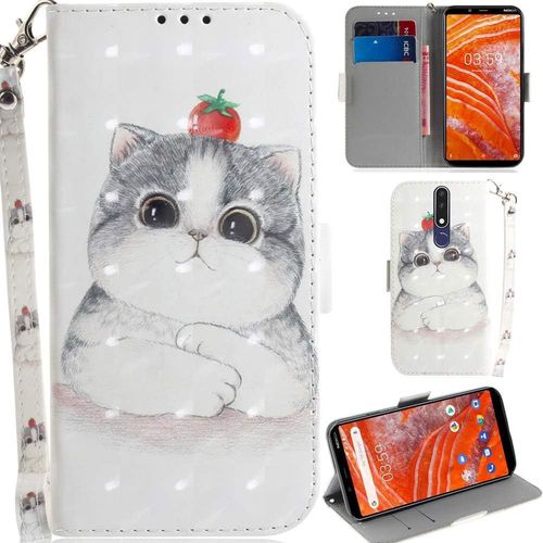 Nokia 3.1 Plus Coque 3d Pu Cuir Magnétique Flip Housse Étui Cover Case Wallet Portefeuille Béquille Support Pochettes Dragonne Pour Nokia 3.1 Plus-Chat Tomate