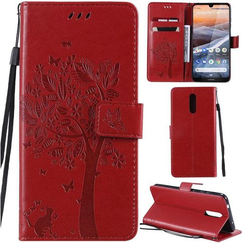 Nokia 3.2 Coque Motif Arbre Chat Pu Cuir Flip Housse Étui Cover Case Wallet Portefeuille Support Avec Porte-Cartes Pour Nokia 3.2-Rouge