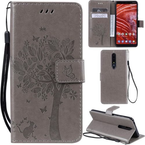 Nokia 3.1 Plus Coque Motif Arbre Chat Pu Cuir Flip Housse Étui Cover Case Wallet Portefeuille Support Avec Porte-Cartes Pour Nokia 3.1 Plus-Gris
