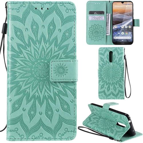 Nokia 3.2 Coque Motif Tournesol Pu Cuir Flip Housse Étui Cover Case Wallet Pochette Support Avec Porte-Cartes Pour Nokia 3.2-Vert