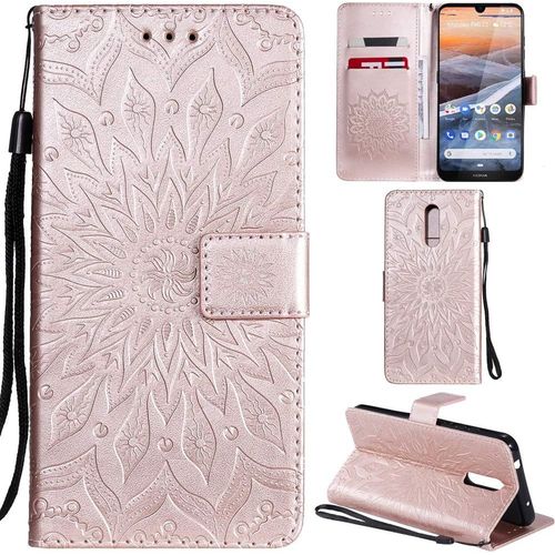 Nokia 3.2 Coque Motif Tournesol Pu Cuir Flip Housse Étui Cover Case Wallet Pochette Support Avec Porte-Cartes Pour Nokia 3.2-Or Rose