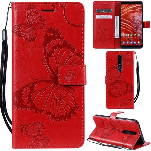 Nokia 3.1 Plus Coque Modèle 3d Papillon Pu Cuir Flip Housse Étui Cover Case Wallet Portefeuille Support Béquille Dragonne Fermeture Magnétique Pour Nokia 3.1 Plus-Rouge
