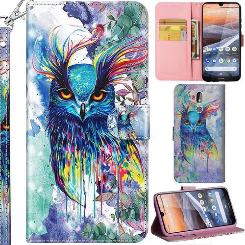 Nokia 3.2 Coque 3d Pu Cuir Flip Housse Étui Rabat Cover Case Portefeuille Support Avec Porte-Cartes Pochettes Dragonne Fermoir Magnétique Pour Nokia 3.2 - Coloré Hibou