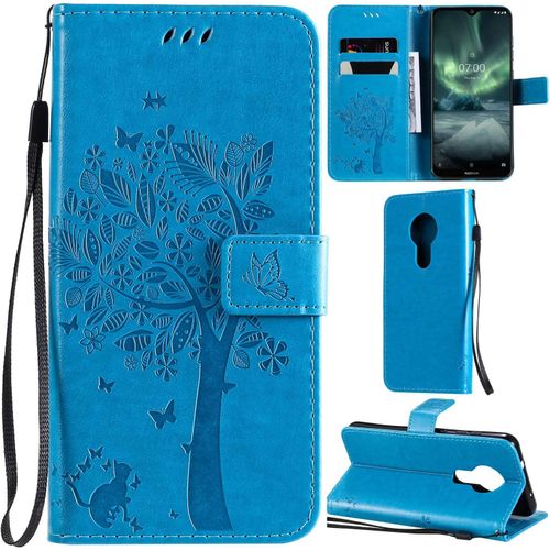 Nokia 7.2 Coque Motif Arbre Chat Pu Cuir Flip Housse Étui Cover Case Wallet Portefeuille Support Avec Porte-Cartes Pour Nokia 7.2-Bleu