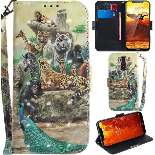 Nokia 8.1 Coque 3d Pu Cuir Magnétique Flip Housse Étui Cover Case Wallet Portefeuille Béquille Support Pochettes Dragonne Pour Nokia 8.1-Animaux