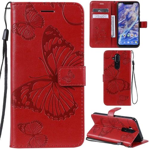 Nokia 8.1 Coque Modèle 3d Papillon Pu Cuir Flip Housse Étui Cover Case Wallet Portefeuille Support Béquille Dragonne Fermeture Magnétique Pour Nokia 8.1-Rouge