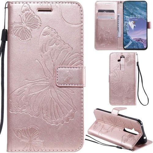 Nokia 8.1 Plus Coque Modèle 3d Papillon Pu Cuir Flip Housse Étui Cover Case Wallet Portefeuille Support Béquille Dragonne Fermeture Magnétique Pour Nokia 8.1 Plus-Or Rose