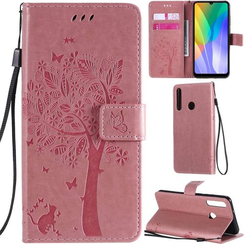 Huawei Y6p Coque Motif Arbre Chat Pu Cuir Flip Housse Étui Cover Case Wallet Portefeuille Support Avec Porte-Cartes Pour Huawei Y6p - Rose Clair