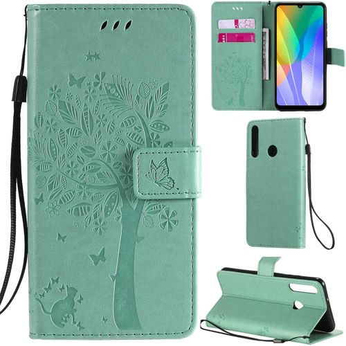 Huawei Y6p Coque Motif Arbre Chat Pu Cuir Flip Housse Étui Cover Case Wallet Portefeuille Support Avec Porte-Cartes Pour Huawei Y6p-Vert